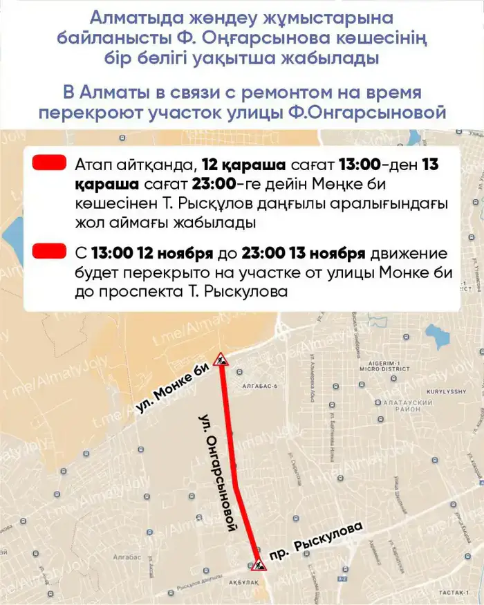 В Алматы временные ограничения движения на улице Ф.Онгарсыновой в связи с международными ремонтными работами Уральске